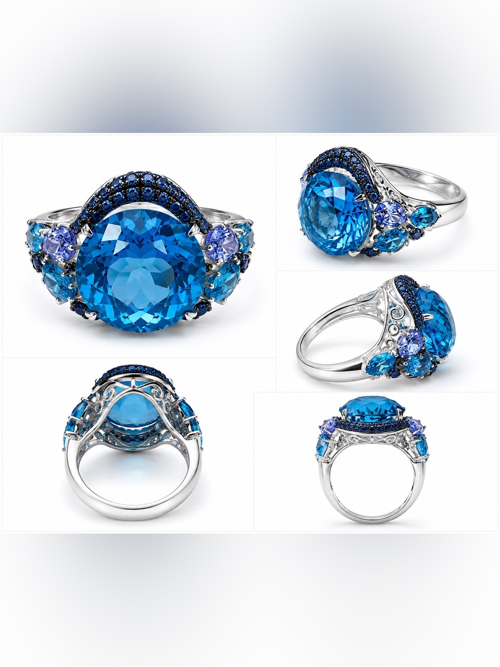 Blue Statement Cocktail Silver Tone Ring
